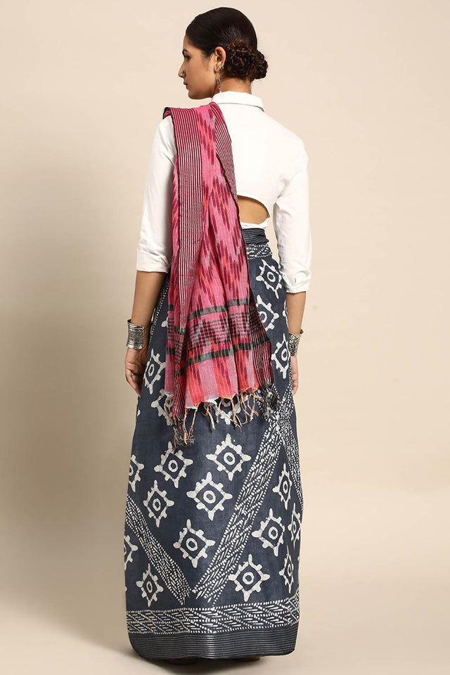 Grey Cotton Block Saree