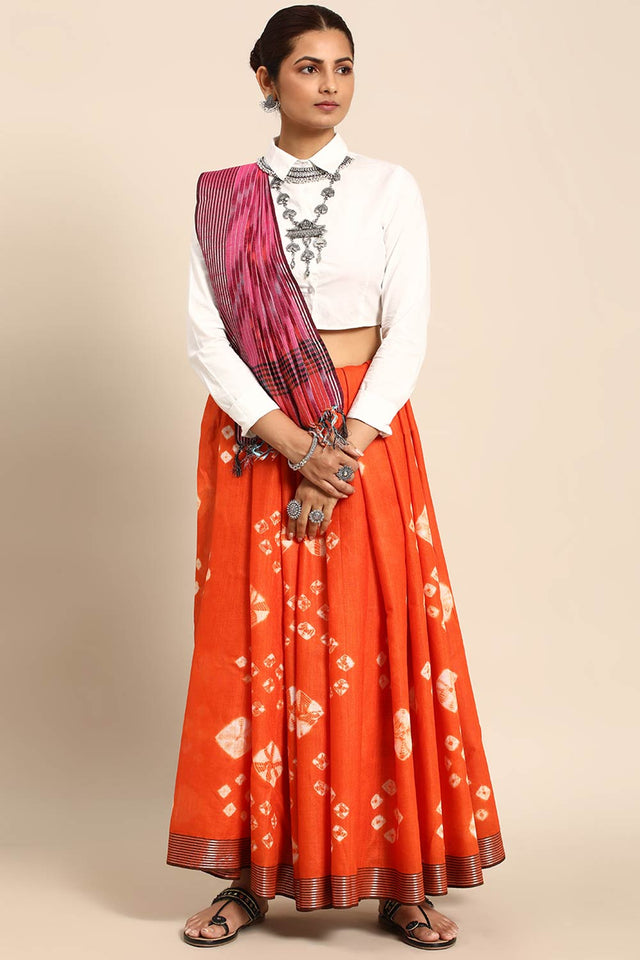 Orange Cotton Block Saree