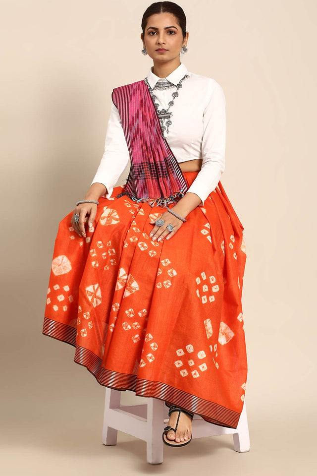 Orange Cotton Block Saree