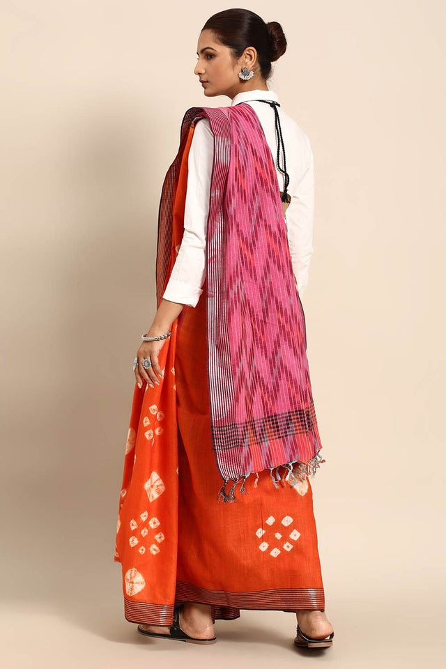 Orange Cotton Block Saree