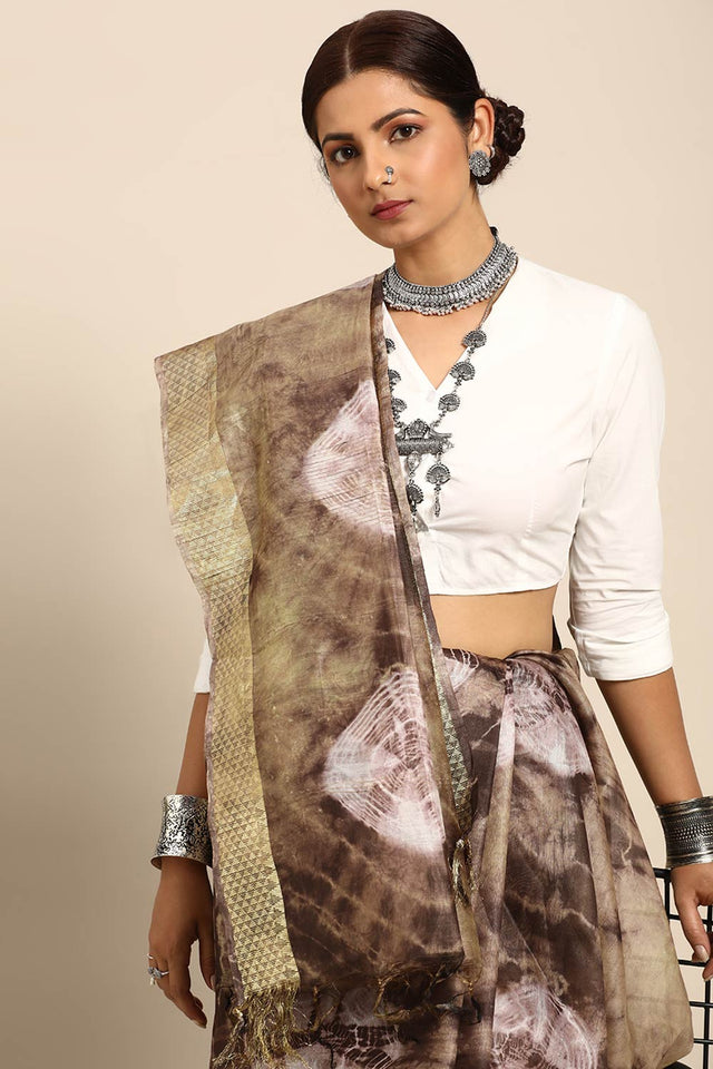Brown Silk Block Saree