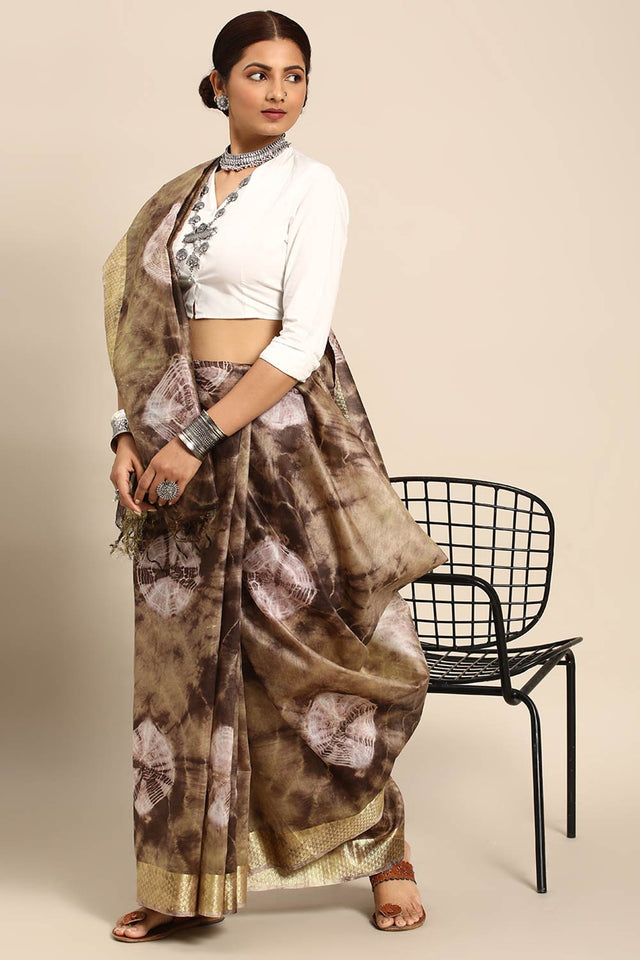 Brown Silk Block Saree