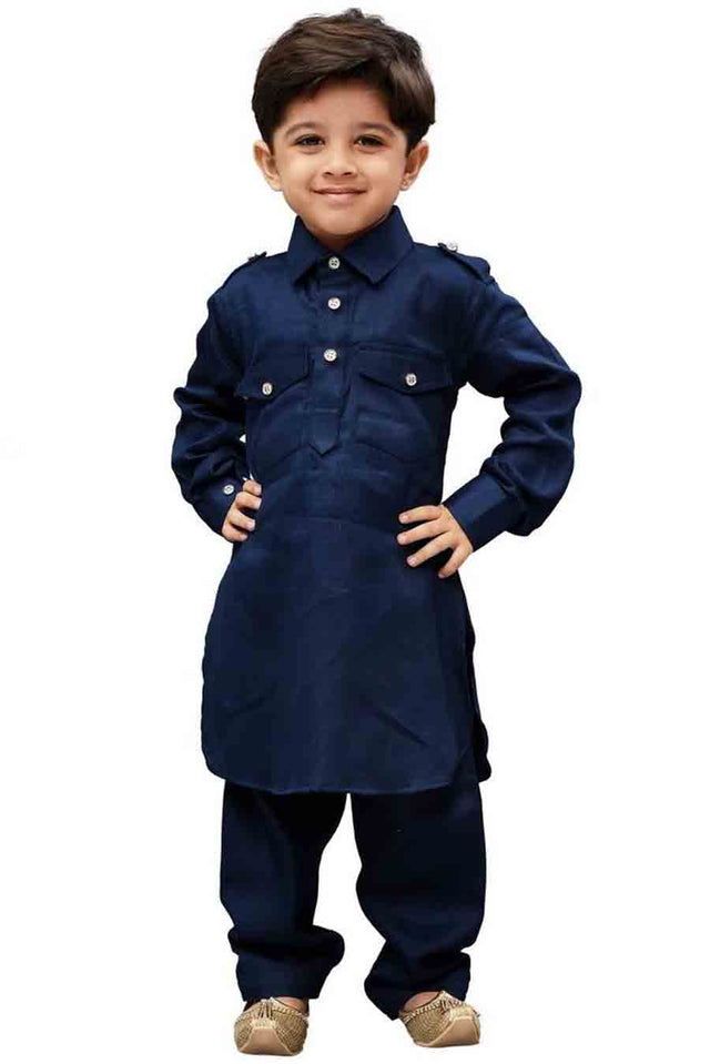 Boy's Cotton Solid Pathani In Blue