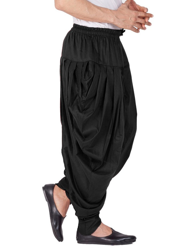 Men's Cotton Art Silk Solid Cowl Design Patiala Style Dhoti Pant In Black