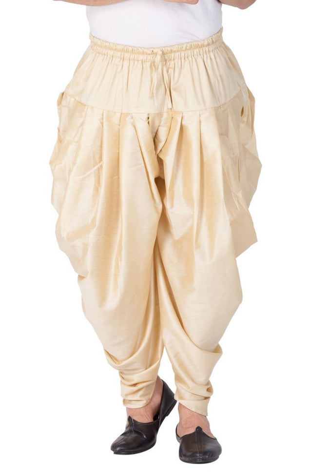 Men's Cotton Art Silk Solid Cowl Design Patiala Style Dhoti Pant In Gold