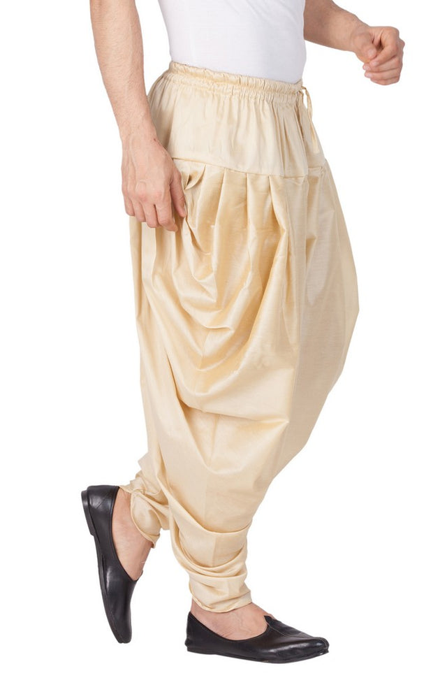 Men's Cotton Art Silk Solid Cowl Design Patiala Style Dhoti Pant In Gold