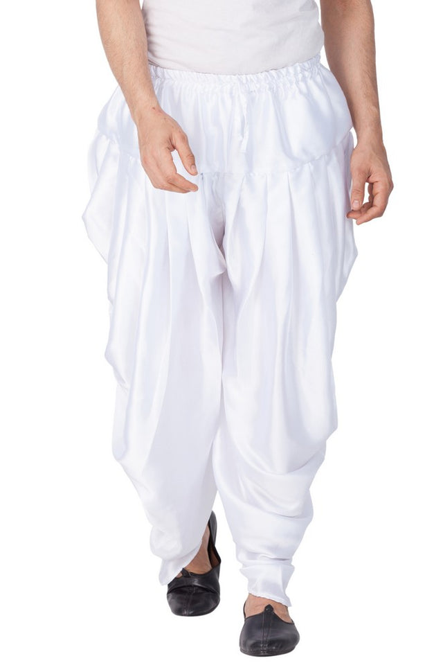 Men's Satin Solid Cowl Design Patiala Style Dhoti Pant In White