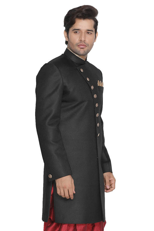 Men's Art Silk Sherwani In Black