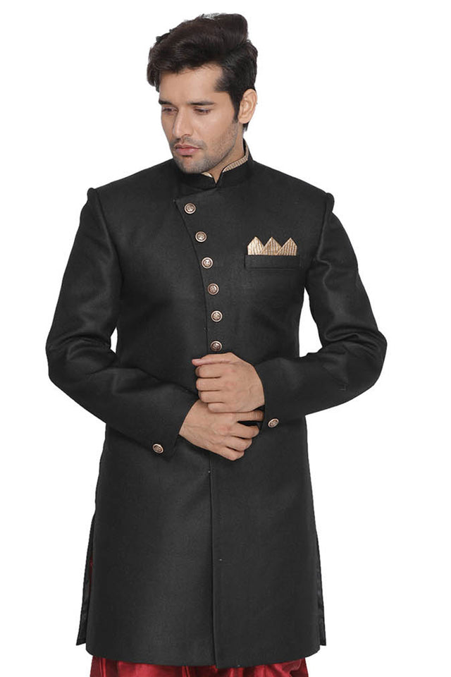 Men's Art Silk Sherwani In Black