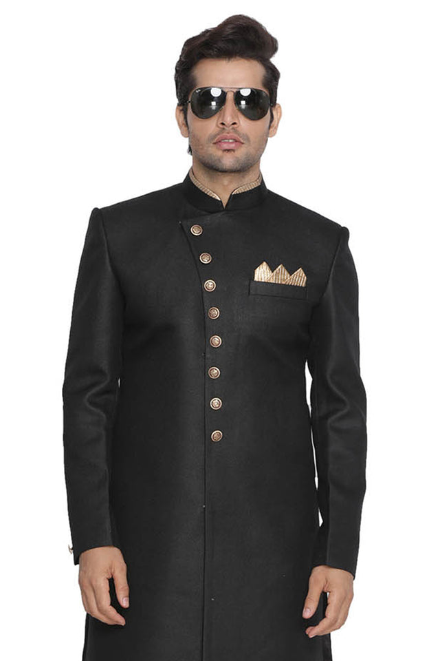 Men's Art Silk Sherwani In Black