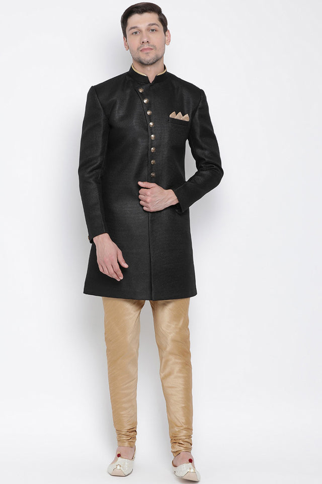 Men's Cotton Blend Indo Western Sherwani Set In Black