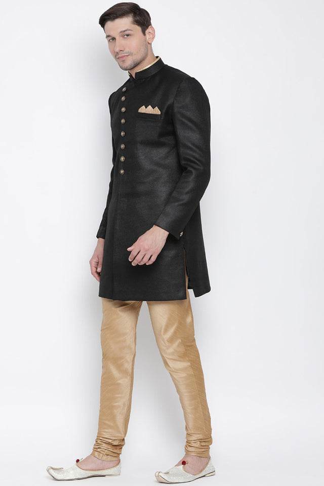 Men's Cotton Blend Indo Western Sherwani Set In Black