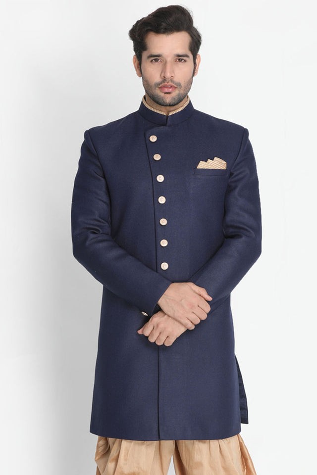 Men's Art Silk Sherwani In Dark Blue