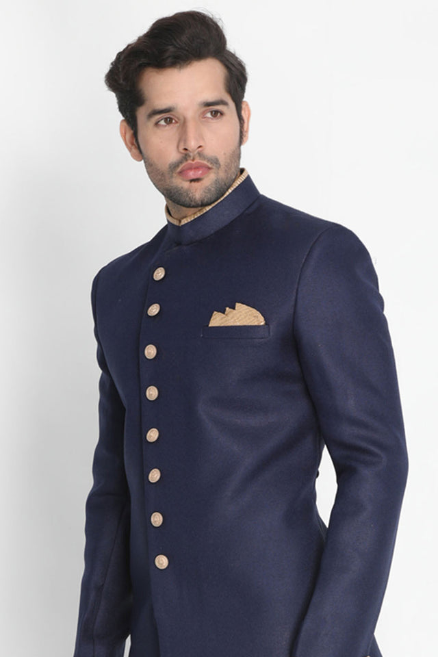 Men's Art Silk Sherwani In Dark Blue