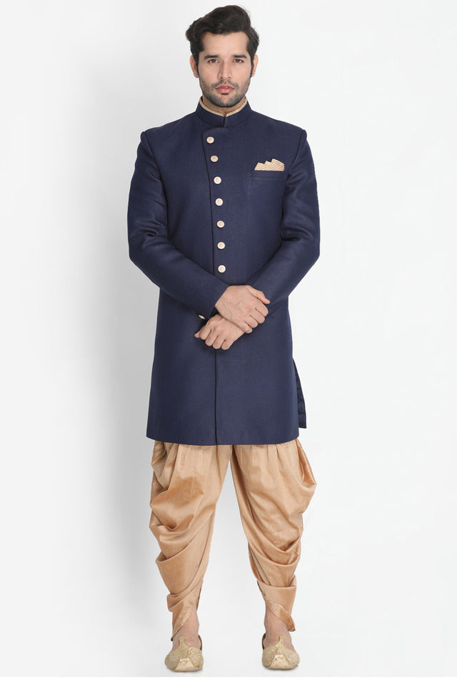 Men's Art Silk Sherwani In Dark Blue