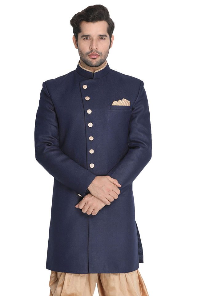 Men's Art Silk Sherwani In Dark Blue