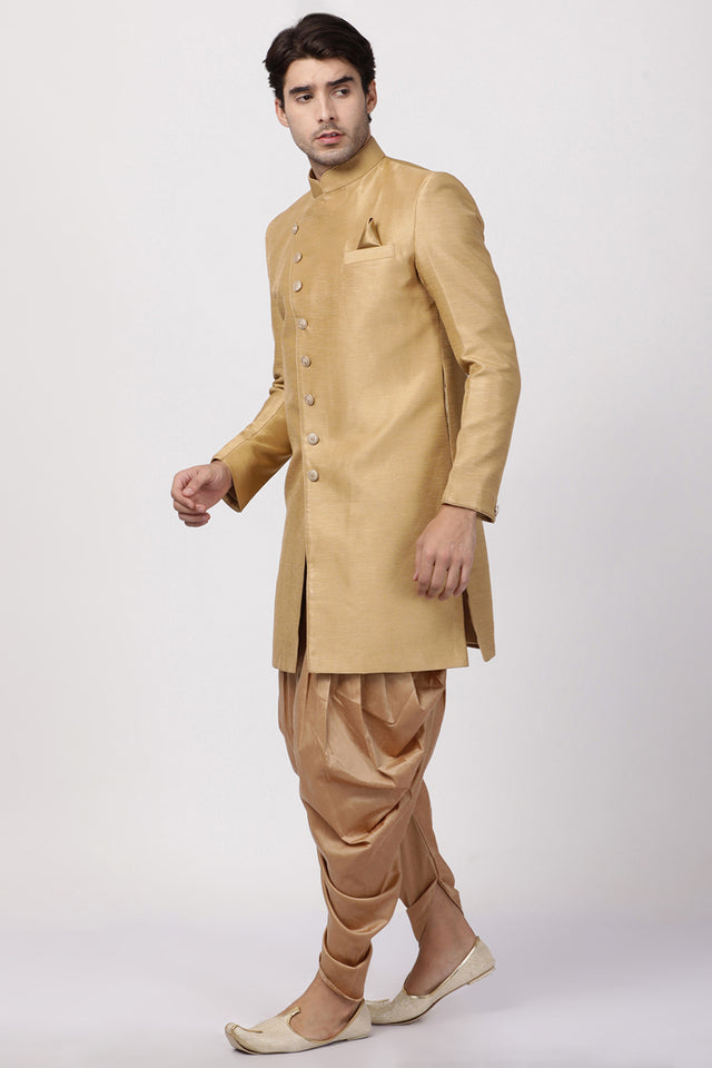 Men's Art Silk Sherwani Set In Beige