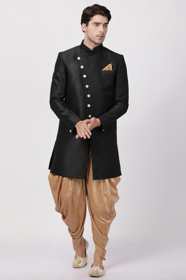 Men's Art Silk Sherwani Set In Black