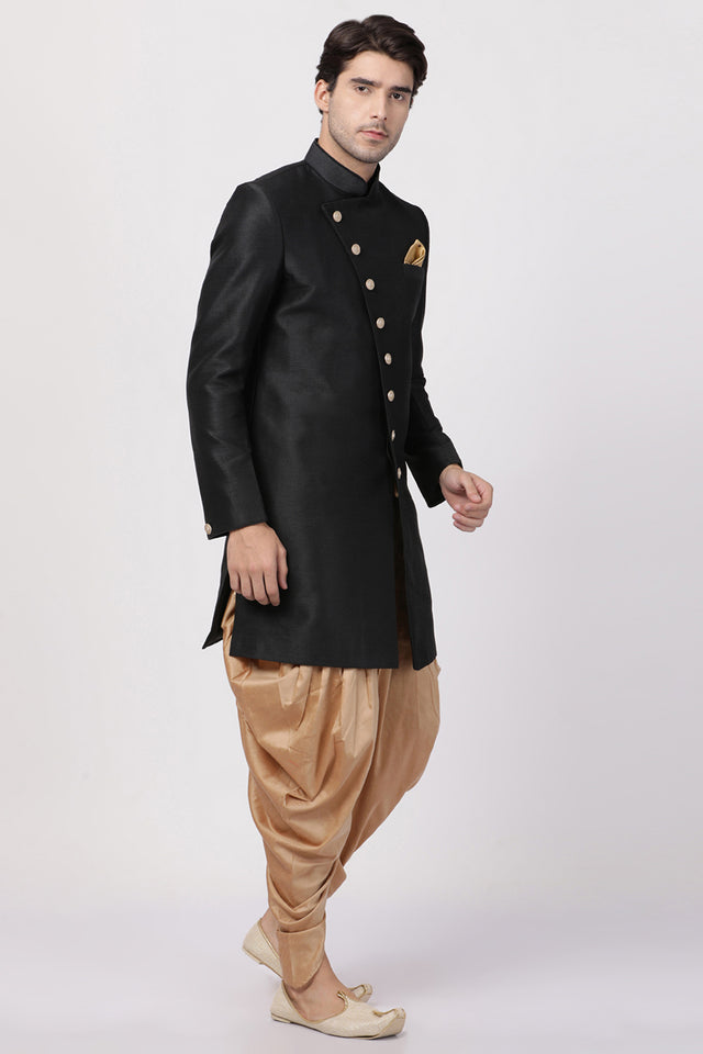 Men's Art Silk Sherwani Set In Black
