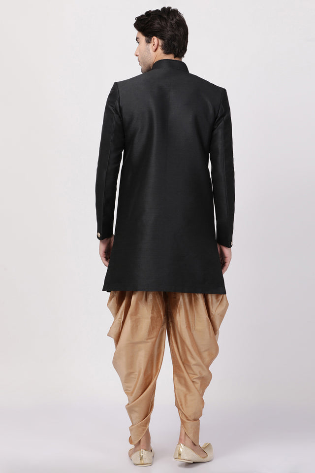 Men's Art Silk Sherwani Set In Black