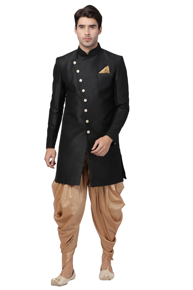 Men's Art Silk Sherwani Set In Black