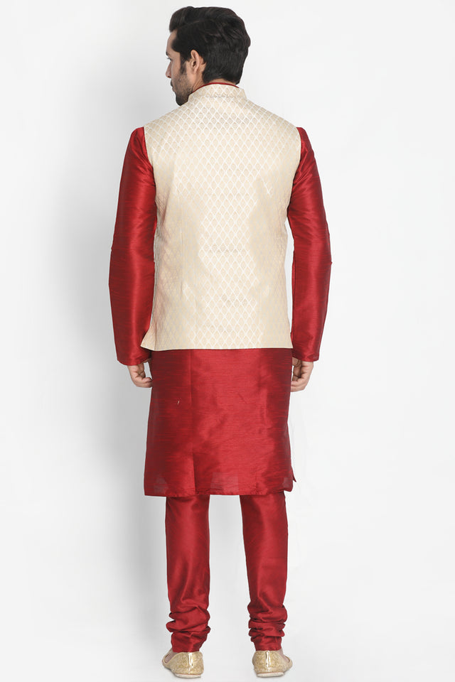 Men's Cotton Art Silk Kurta Set In Maroon