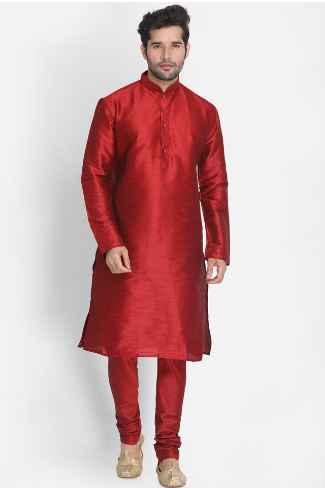 Men's Cotton Art Silk Kurta Set In Maroon