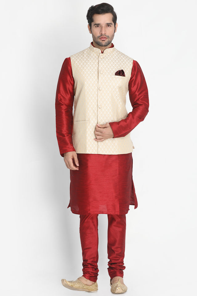 Men's Cotton Art Silk Kurta Set In Maroon