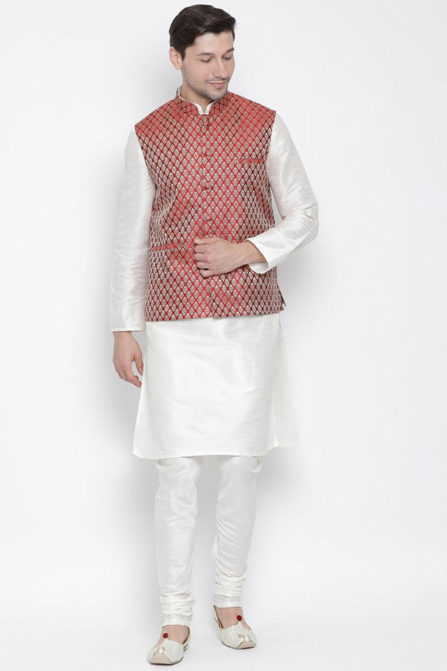 Men's Cotton Silk Jacket Kurta Pyjama Set in White