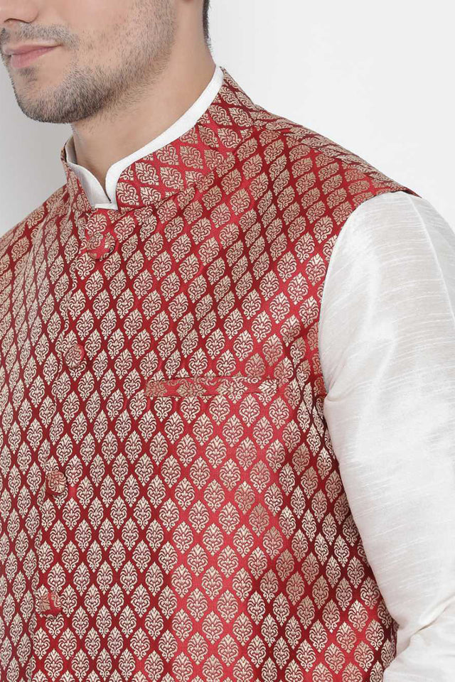 Men's Cotton Silk Jacket Kurta Pyjama Set in White