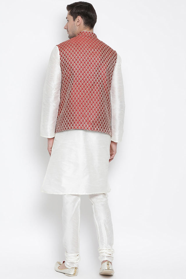 Men's Cotton Silk Jacket Kurta Pyjama Set in White