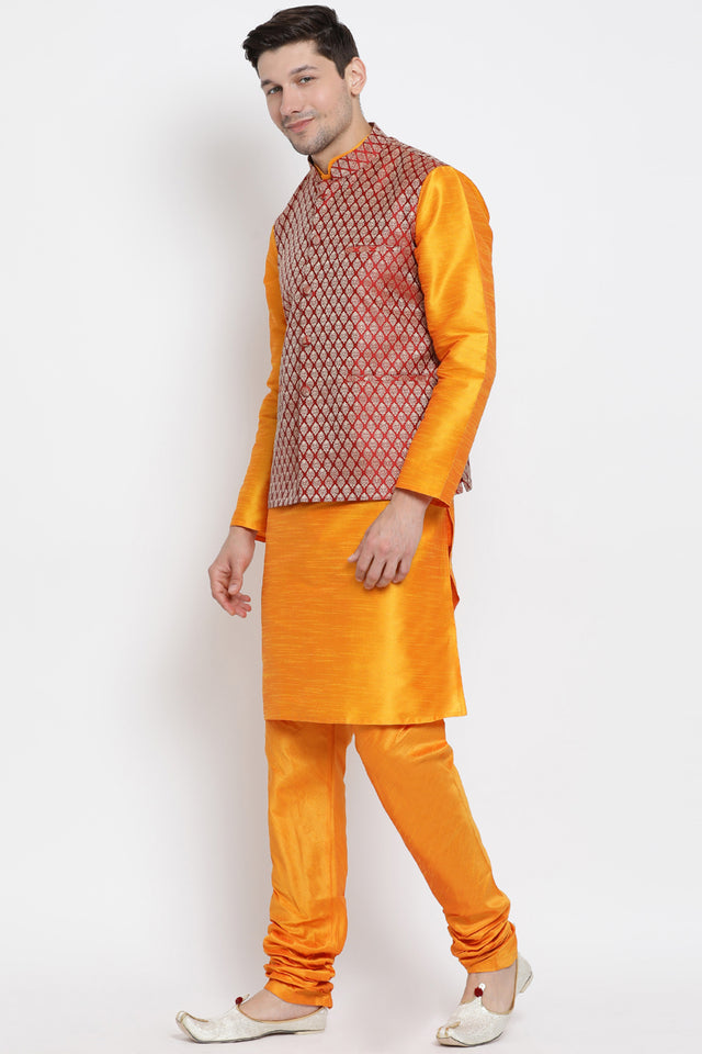 Men's Cotton Art Silk Kurta Set In Orange