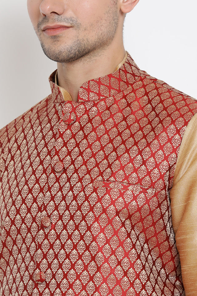 Men's Cotton Art Silk Kurta Set In Gold