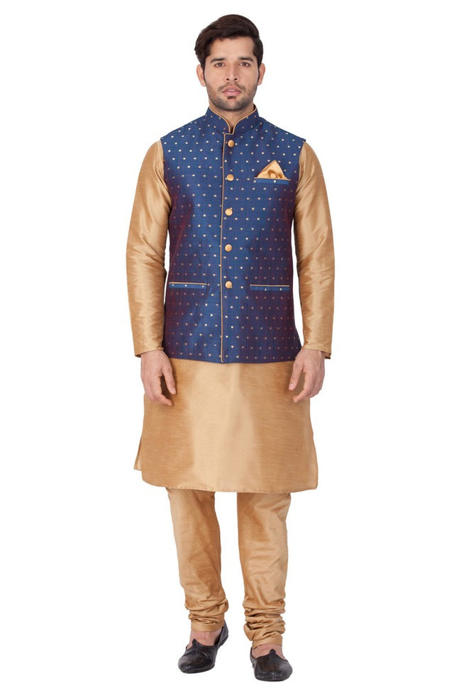 Men's Cotton Art Silk Solid Kurta Modi Jacket And Pajama Set In Gold