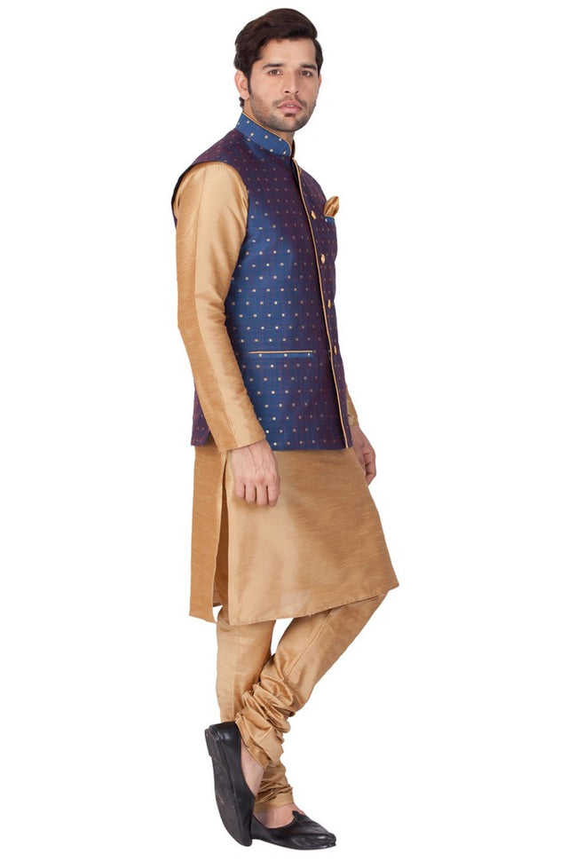 Men's Cotton Art Silk Solid Kurta Modi Jacket And Pajama Set In Gold
