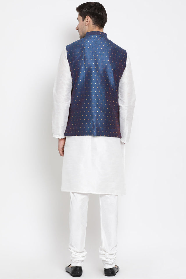 Men's Cotton Art Silk Kurta Set In White