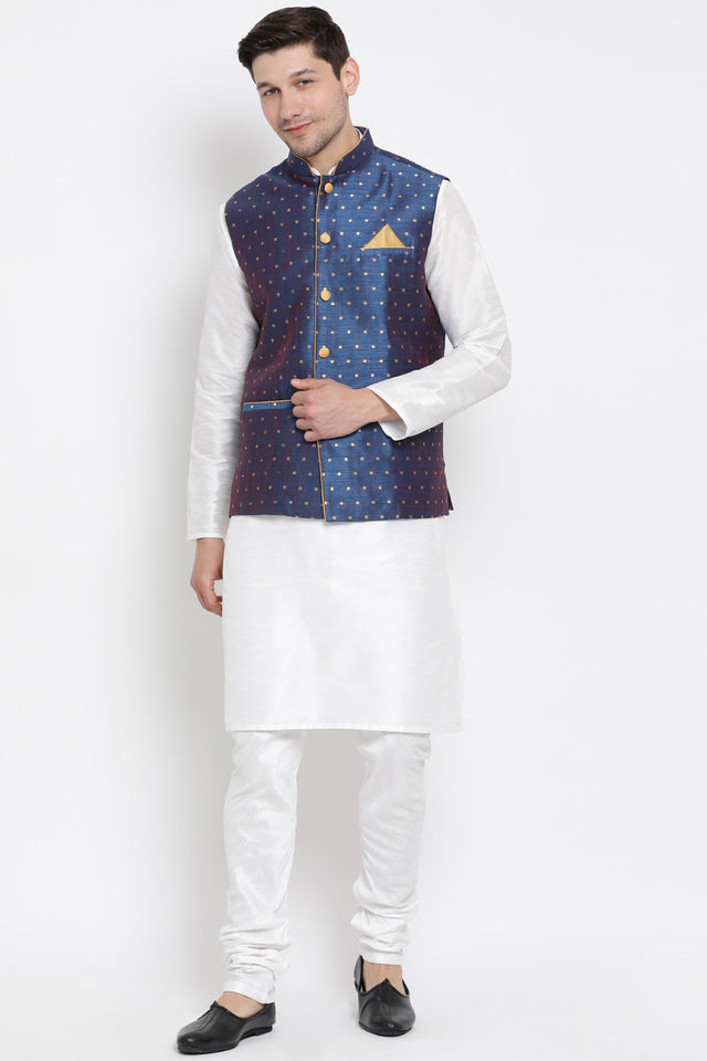 Men's Cotton Art Silk Kurta Set In White