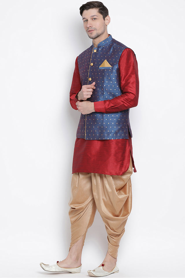 Men's Cotton Art Silk Kurta Set In Maroon