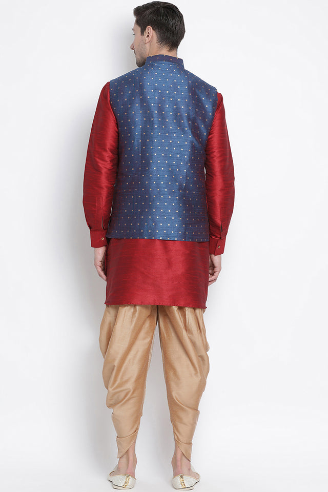Men's Cotton Art Silk Kurta Set In Maroon
