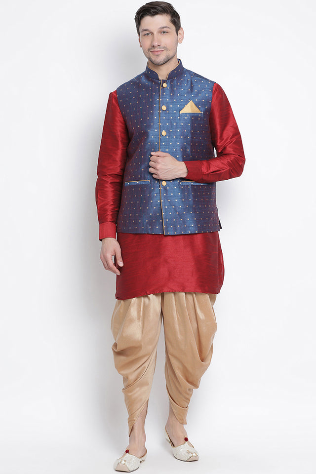 Men's Cotton Art Silk Kurta Set In Maroon