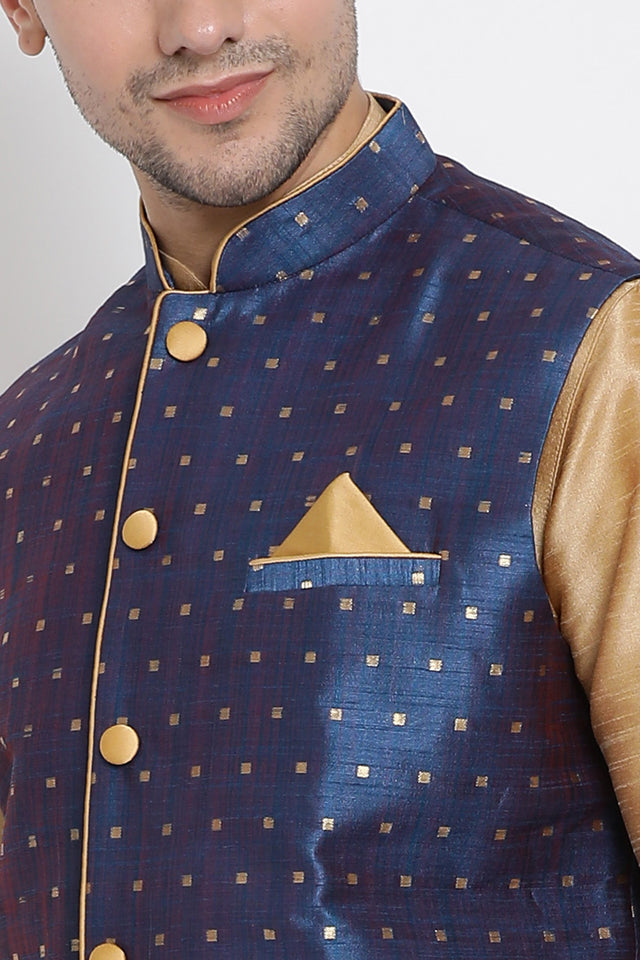 Men's Cotton Art Silk Kurta Set In Gold