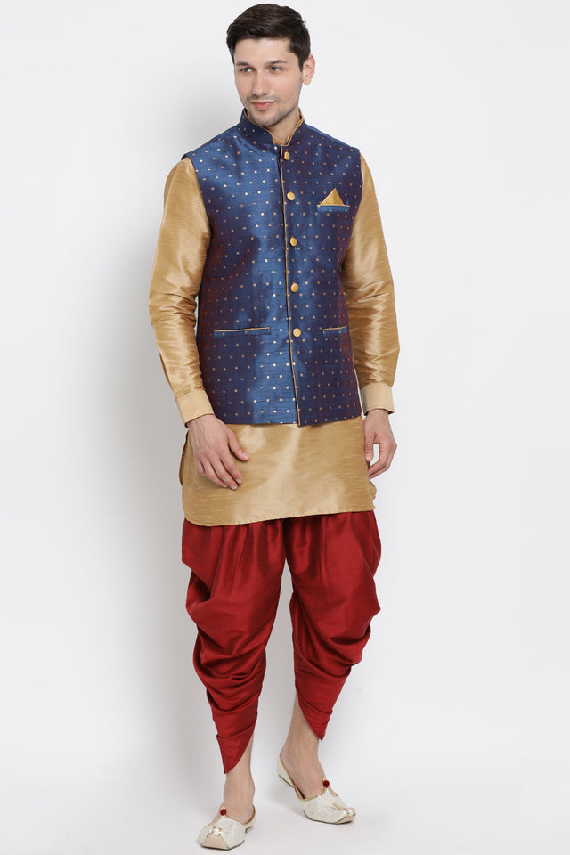 Men's Cotton Art Silk Kurta Set In Gold