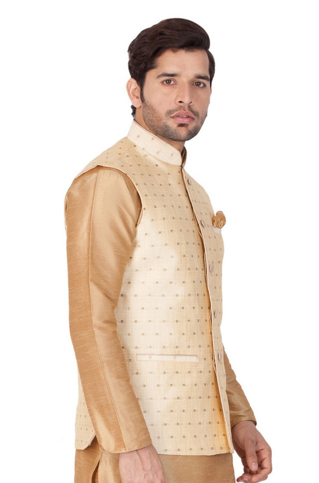 Men's Cotton Blend Woven Modi Nehru Jacket In Gold