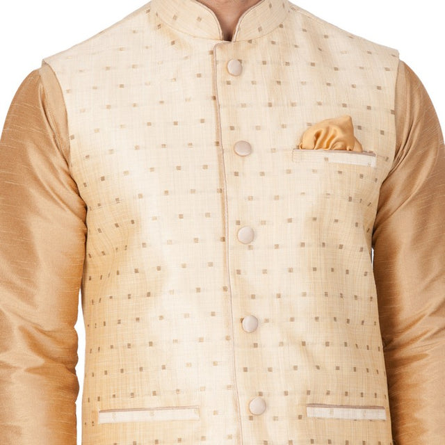 Men's Cotton Art Silk Solid Kurta Modi Jacket And Pajama Set In Gold