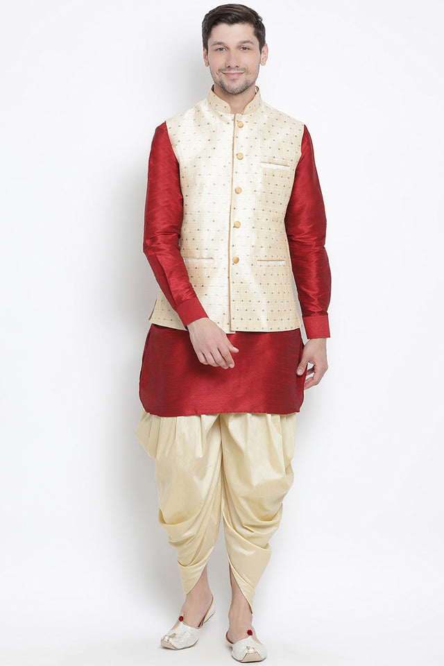 Men's Cotton Art Silk Kurta Set In Maroon