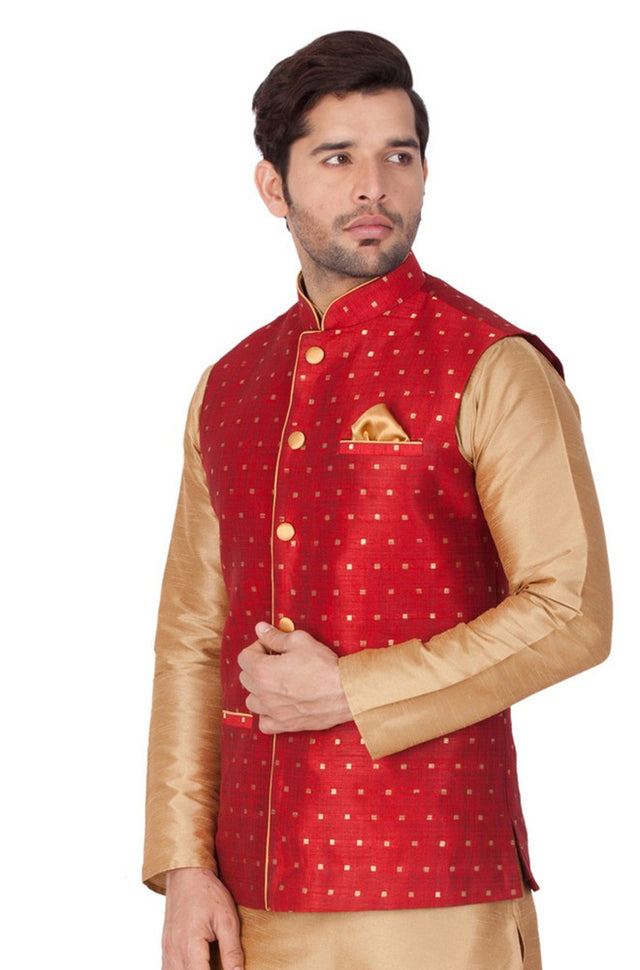 Men's Cotton Blend Woven Modi Nehru Jacket In Maroon