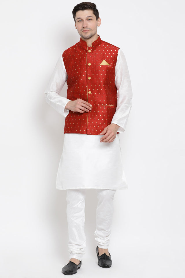 Men's Cotton Art Silk Kurta Set In White