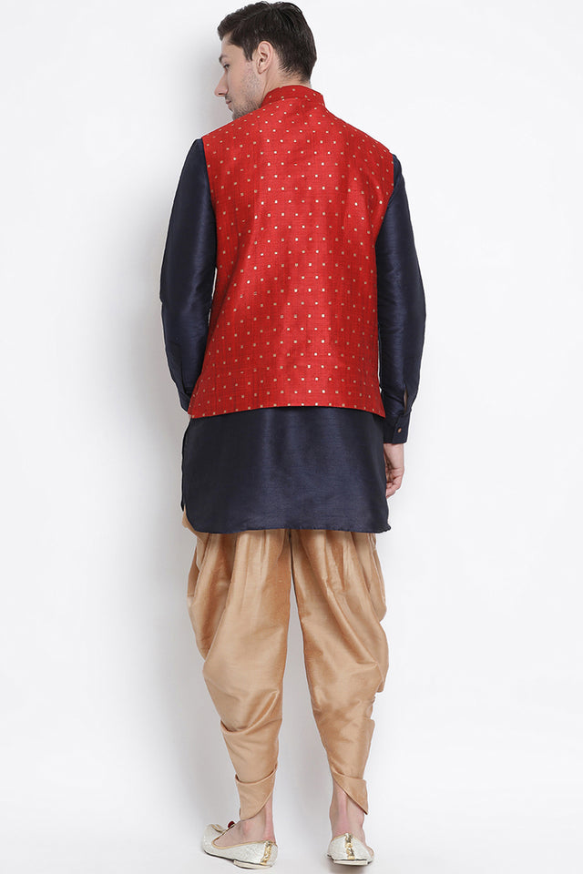 Men's Cotton Art Silk Kurta Set In Dark Blue