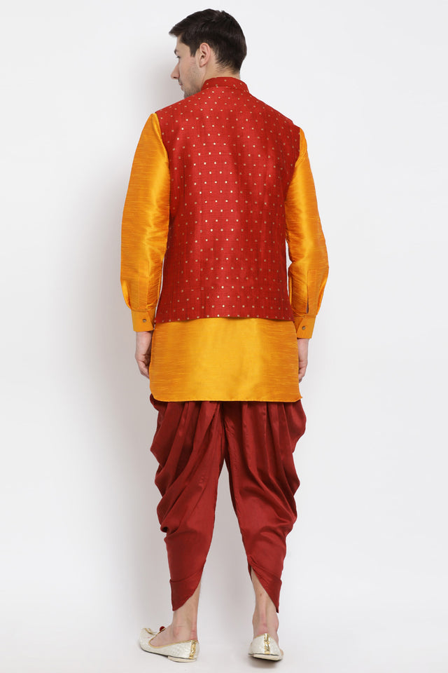 Men's Cotton Art Silk Kurta Set In Orange