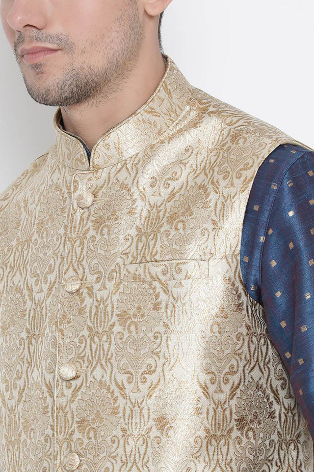 Men's Cotton Silk Jacket Kurta Pyjama Set in Royal Blue